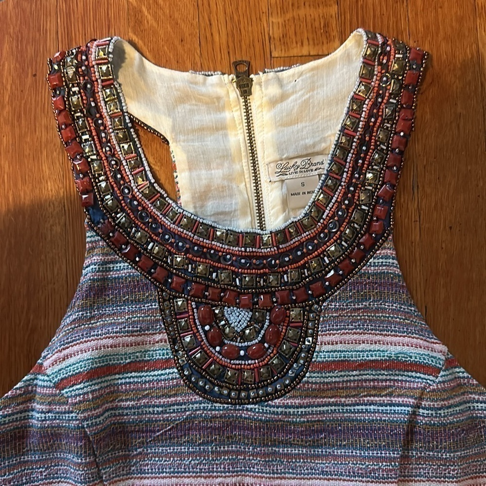 LUCKY BRAND DRESS GRECIAN BEADED COLLAR IKAT DRESS SZ SM - Picture 5 of 8
